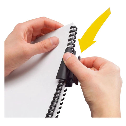 Hands using Manual Desktop Binding Punch For ProClick Spines, 6 Sheet Capacity, Slim Binding System for document binding.