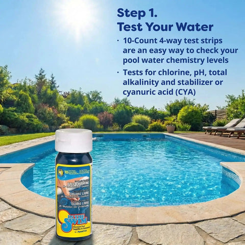 Poolside view with a water test strip bottle, part of the Pre Measured Pool Opening Kit For Up To 35,000 Gallons With Sodium Dichlor Clarifier.