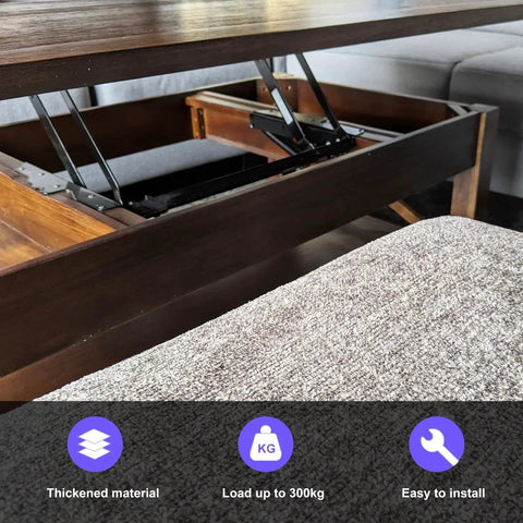 Lift Up Top Coffee Table Mechanism Set Of 2, installed in wooden table, showcasing 9.4 inch lift hardware, dual spring hinges.