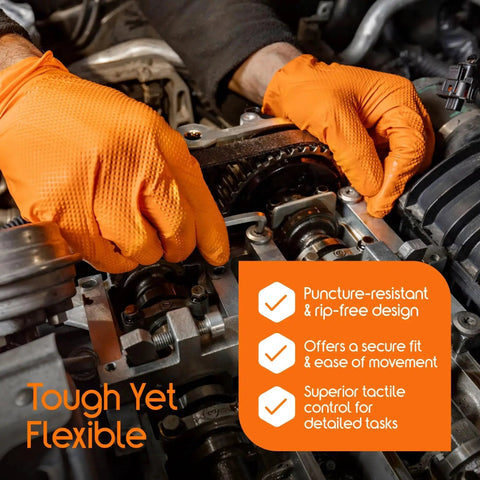 Mechanic wearing Orange Nitrile Gloves Ultra 8 Mil Diamond Textured Grip Small 100 Count working on engine