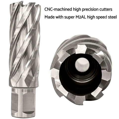 Close-up of Annular Cutter Set For Magnetic Drill Press 13 Pc Heavy Duty Kit with 2 pilot pins, M2AL high-speed steel cutters
