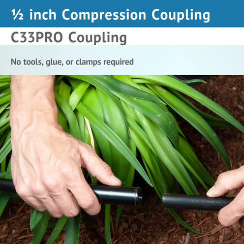 Amazon 1/2 in compression coupling for poly irrigation tubing; two black tubes shown being joined