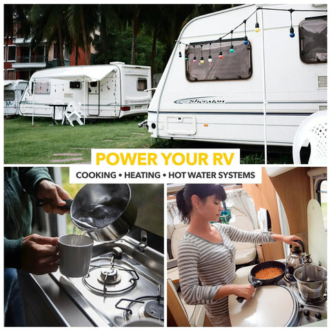 RV propane system for cooking, heating, hot water; includes uninterrupted RV propane regulator with automatic dual tank changeover