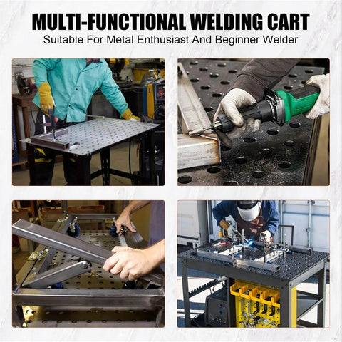 Collage of 36 By 24 Inch Beefy Heavy Duty Welding Table On Wheels With Storage And Pegboard Portable Steel Welding Bench