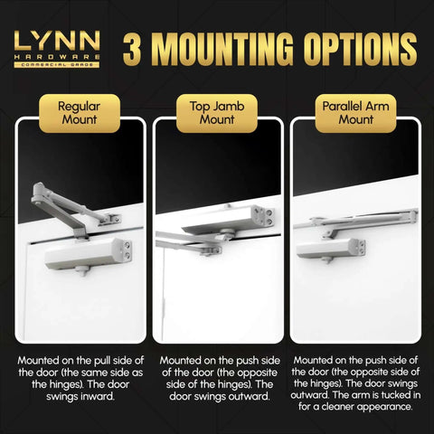 Image showing three mounting options for Heavy Duty Automatic Door Closer For High Traffic Doors DC8016: Regular, Top Jamb, and Parallel Arm Mount.