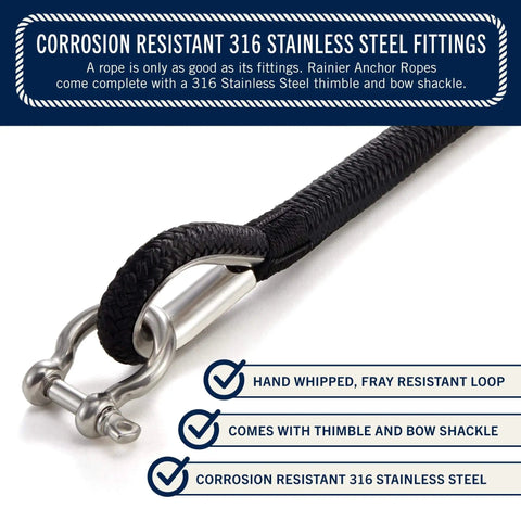 Close-up of Premium Double Braided Nylon Boat Anchor Rope With Thimble and bow shackle, showing 316 stainless steel fittings.