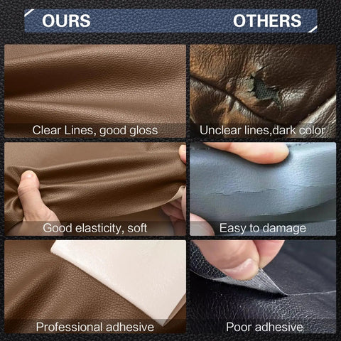 Comparison of leather repair quality showing benefits of Leather Repair Kit For Furniture And Auto Seats 4 By 63 Inch Self Adhesive Leather Tape Patch For Sofa Couch Car Boat Chair Dark Brown Waterproof Durable Vinyl Patch Kit For Home Car Boat.