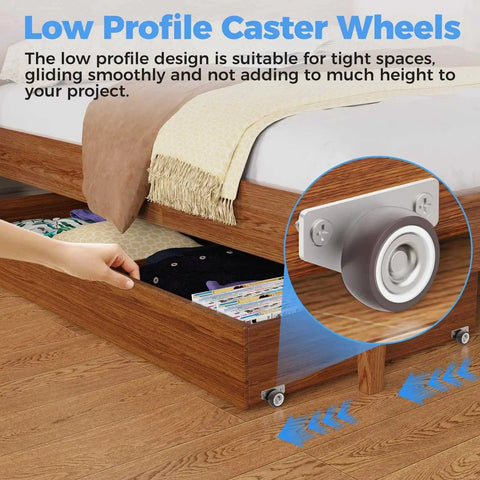 Mini Side Mount Casters 1.25 Inch Low Profile Rigid Non Swivel Rubber Wheels For Sliding Doors Drawers And Cabinets in use under bed