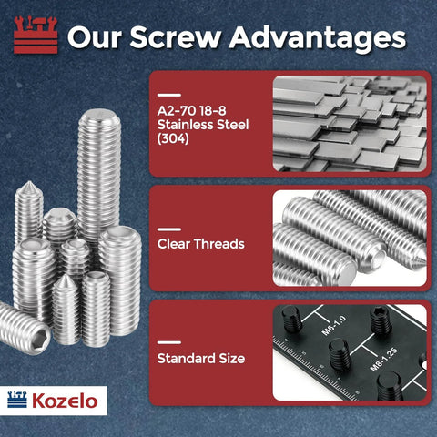 DIY Ready Cup Point Hex Socket Set Screws M3 0.5x30mm 304 Stainless Steel Headless Allen Grub Screws With Hex Key Wrench shown with material and size advantages