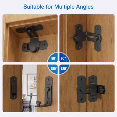 Sliding Barn Door Lock With 90 Degree Flip And 360 Degree Rotation installed on wood door, showing side and front views of black metal latch