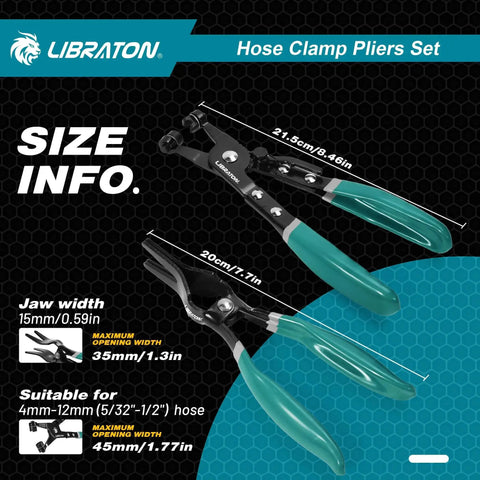 2 Piece Hose Clamp Pliers Set With Swivel Pliers For Removal And Installation showing size and jaw width specifications.