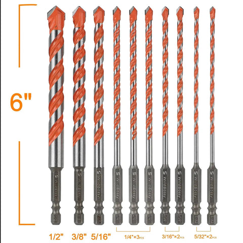 Built To Last Concrete Carbide Drill Bit Set With Hex Shank For Masonry Tile Glass Brick Plastic And Cement 5/32 To 1/2 Inch 10 Pieces High Speed Cooling For Long Life And Fast Drilling displayed in 6 inch sizes