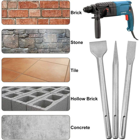 Beefy 6 Piece SDS Max Hammer Drill Chisel Set For Masonry And Concrete displayed with brick, stone, tile surfaces.