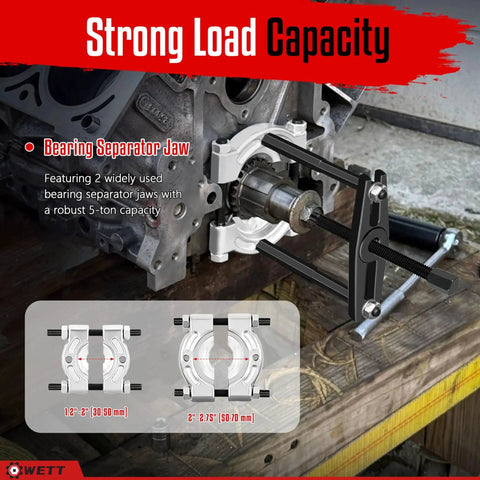 Bearing Puller And Splitter Set 14-Piece Heavy Duty Kit With 5 Ton Capacity featuring 2-inch and 3-inch separator jaws in action.