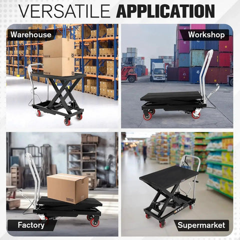 Hydraulic lift table cart, black, 500lb capacity, 28.5in lift height, scissor lift with non-slip pad and wheels