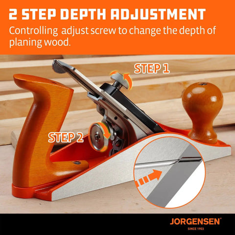 Jorgensen No 4 Pro Grade 10 Inch Wood Plane with ductile iron body, adjustable cutting depth O1 tool steel blade for woodworking.