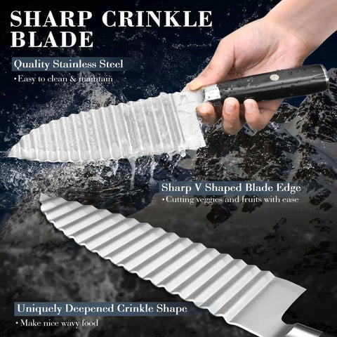 Crinkle Cutter Knife With Wavy Blade For Potatoes And Veggies Dragon Creek Stainless Steel Chopper in hand, showing blade.