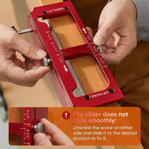 Pro Grade Door Hinge Router Jig Kit Durable Aluminum Mortise Template for doors; red aluminum jig in use on wood edge.