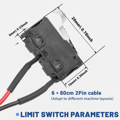 Close-up of limit switch with dimensions for Limit Switch Kit With Emergency Stop For CNC Routers Featuring 6 Micro Switches 2 Pin Connector.