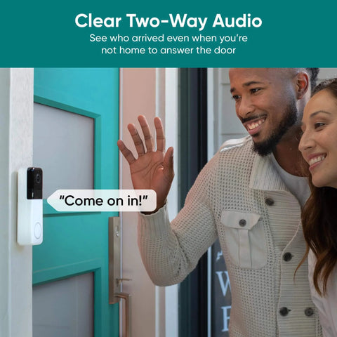 Wireless Video Doorbell Pro With 1440 HD Video, Night Vision, 2-Way Audio, And One-To-One Head-To-Toe View installed by a front door.