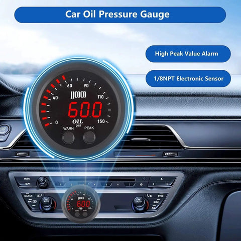 Universal Oil Pressure Gauge Kit 52mm Digital Red Display 0-150 PSI with 1/8 NPT Sensor mounted in automobile dashboard