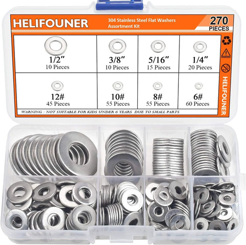 HELIFOUNER 270-piece steel flat washers assortment kit in case, 8 sizes: 1/2, 3/8, 5/16, 1/4, 12#, 10#, 8#, 6#