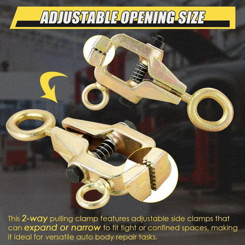 Beefy 5 Ton 2 Way Auto Body Repair Pull Clamp With Self Tightening Grips, adjustable opening size for versatile frame straightening.