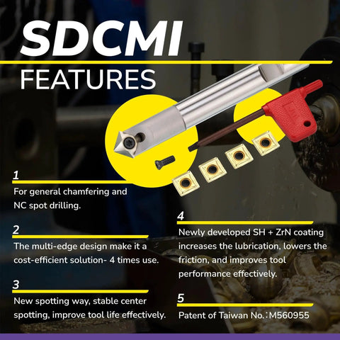 Versatile Workhorse Spotting And Chamfering Set With 4 Edge Indexable Inserts At 45 Degree 16 Mm By 120 Mm Shank Includes Holder Five Inserts And Tool ZrN Coating Speed Tiger displayed with key features.