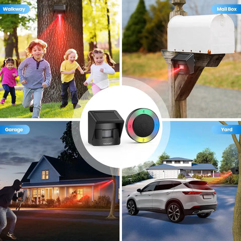 Solar Wireless Driveway Alarm System With 2600 Ft Range 36 Melodies Five Volume Levels Weatherproof Motion Sensor zones displayed