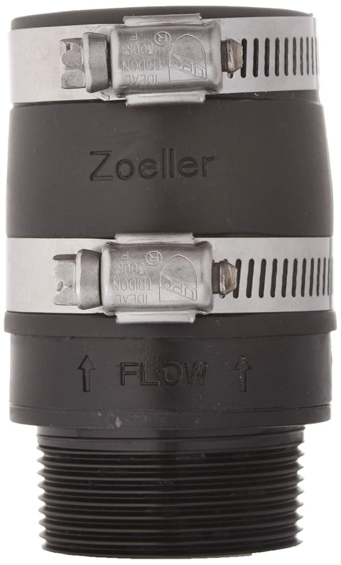 Zoeller inline check valve, small black plastic body with silver hose clamps and threaded end