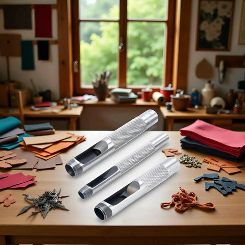 Pro Grade 3 Piece Leather Hole Punch Set With Steel Hollow Punches For Grommets 1/4 Inch, 3/8 Inch, 1/2 Inch on workshop table