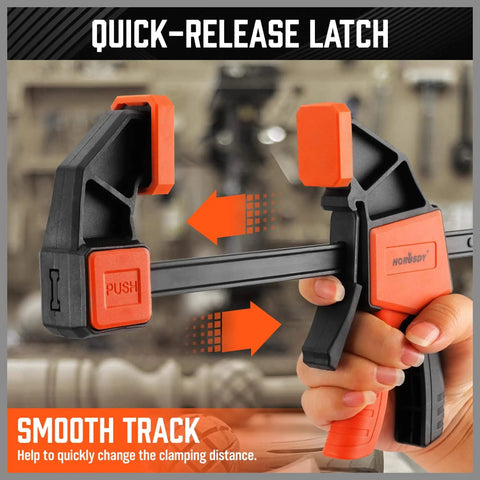 Two Pack 6 Inch Bar Clamps For Woodworking Ready To Grab And Go Quick Grip Release Heavy Duty F Clamp And Spreader Trigger Clamp With 150 Lbs Load Limit For Woodworking Carpentry And DIY Projects, quick-release demonstration with orange trigger.