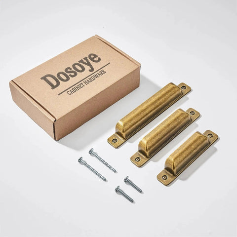Antique Brass Cabinet Drawer Pulls 10 Pack Zinc Alloy Cup Pulls with box and screws visible
