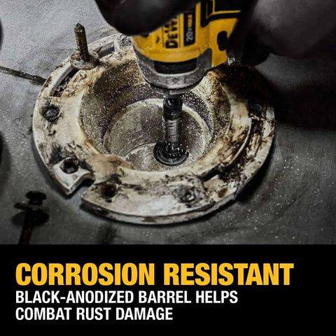 Impact Connect Pipe Cutter for PVC With Diamond Grit Wheel, cutting rusted PVC pipe, using DeWalt tool, close-up view