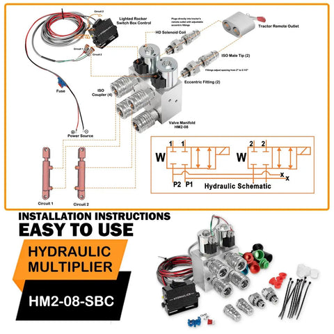 Hydraulic Multiplier Kit For Tractors With SCV Splitter Valve Two Circuit System 3000 PSI valve manifold switch box and schematic