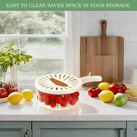 Two Pack Multifunctional Fruit Washing Bowl With Strainer 2 In 1 Drain Basket And Fruit Strainer Container With Lid on kitchen counter