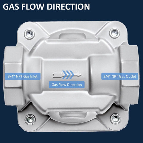 RV48L Natural Gas Regulator front view showing 3/4" NPT gas inlet and outlet openings, CSA certified, durable for Awoco gas ranges