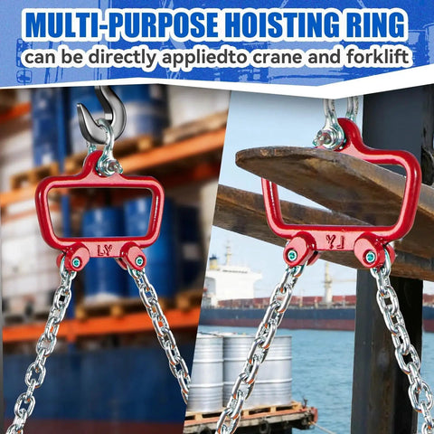55 Gallon Drum Lift with red hook, chain, 2200 lb capacity for 30–55 gal steel drums (front and side views)