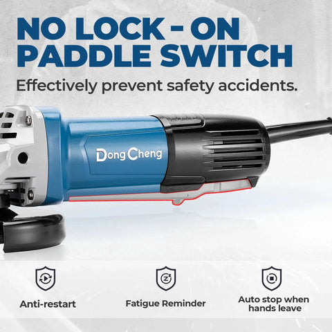 Side view of High Power Four And A Half Inch Angle Grinder With 6.7 Amp Copper Motor And 11,800 RPM Paddle Switch showing safety features.