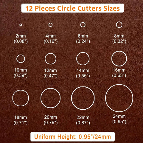 Leather Circle Cutter Tool Set 12 Piece Circle Punch Kit With Pro Grade Calibrated Diameters From 2 mm To 24 mm size chart