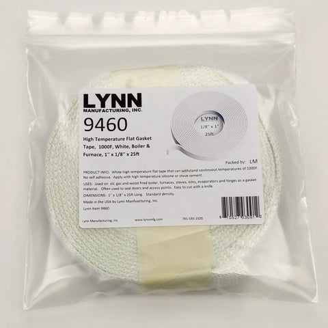 Lynn 9460 high-temperature flat gasket tape, white, 1 in x 1/8 in x 25 ft for boiler and furnace