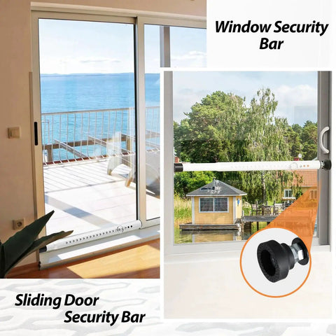 Two Pack Adjustable Sliding Door And Window Security Bar 18 To 51 Inches Extendable Inside Mount White, shown installed on doors and windows
