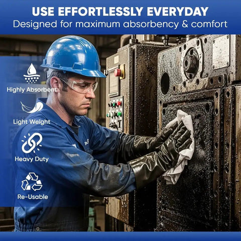 Man in blue helmet using Lint Free White Tshirt Rags 100 Percent Cotton Highly Absorbent Die Cut Jersey Wiping Towel on machine