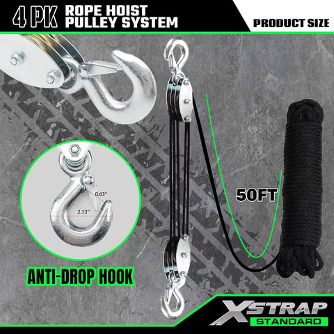 Heavy Duty Hoist With 50 Ft 4.5mm Poly Rope 2000 LB Breaking Strength 1000 LB Load Capacity Includes 2 Soft Loops with anti-drop hook