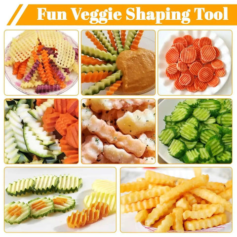 Collage showcasing cuts made by Versatile Crinkle Cutter For Veggies And French Fries, Stainless Steel Wavy Cutter For Waffle Fries.