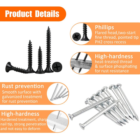 Nails And Wood Screws Kit With 320 Pieces Size Six And Size Eight Philips Drywall Screws Black Finish For Picture Hanging And Diy Repairs