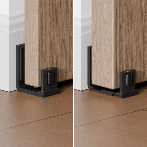 Bottom Sliding Barn Door Floor Guide With Adjustable U Shape Flush Flat Base, Wall Mount Barn Door Guide In Matte Black installed view