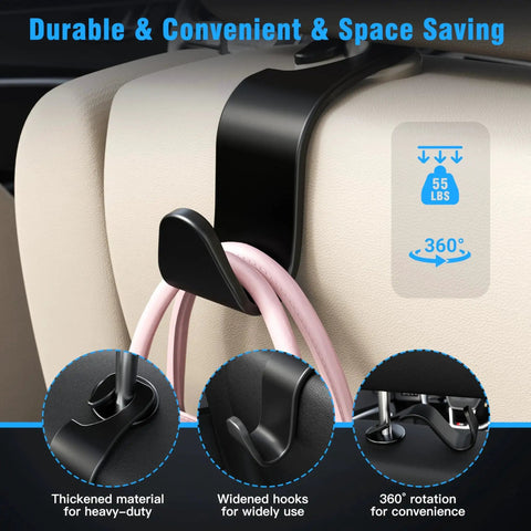 Car Seat Headrest Hooks 4 Pack Universal Hanger Organizer For Purse And Coat showing hook on car seat with pink bag handle.