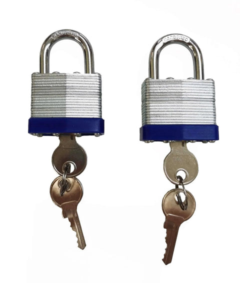 Laminated Steel Padlock Set, One And Nine Sixteenths Inch Wide Body, Short Shackle, Two Pack Keyed Alike Locks With Hardened Steel Shackle