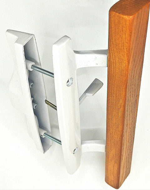 Sliding Patio Door Handle Replacement Set With Wood Interior Pull And White Zinc Diecast Pull And Chrome Plated Brackets Fits Three Point Nine Seven Five Inch Screw Hole Space Non Key Design White Brackets Cost Effective Upgrade For Worn Or Broken Patio displayed from side